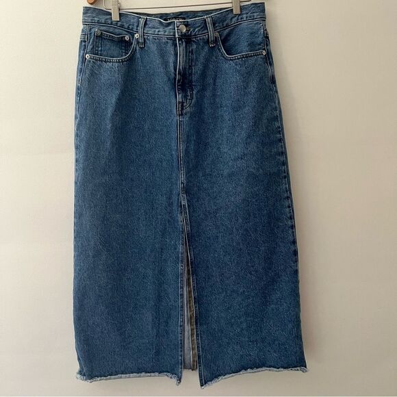 J Crew Denim Maxi Skirt Raw Edge Fall 2024 Front Slit Size 32 Western - Picture 2 of 10